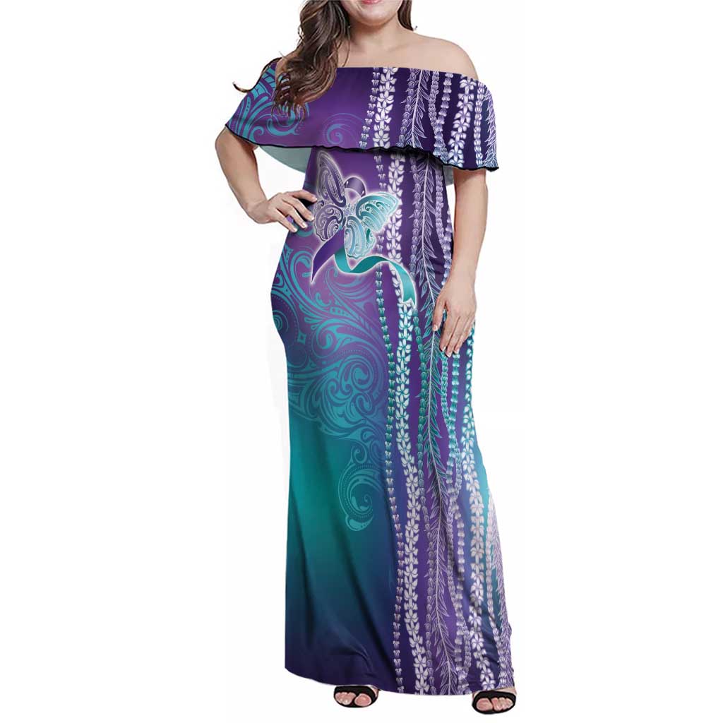 Suicide Prevention Awareness Family Matching Off Shoulder Maxi Dress and Hawaiian Shirt Maile Pikake Lokelani Crown Flower Lei Inspired LT9 Mom's Dress Multicolor - Polynesian Pride