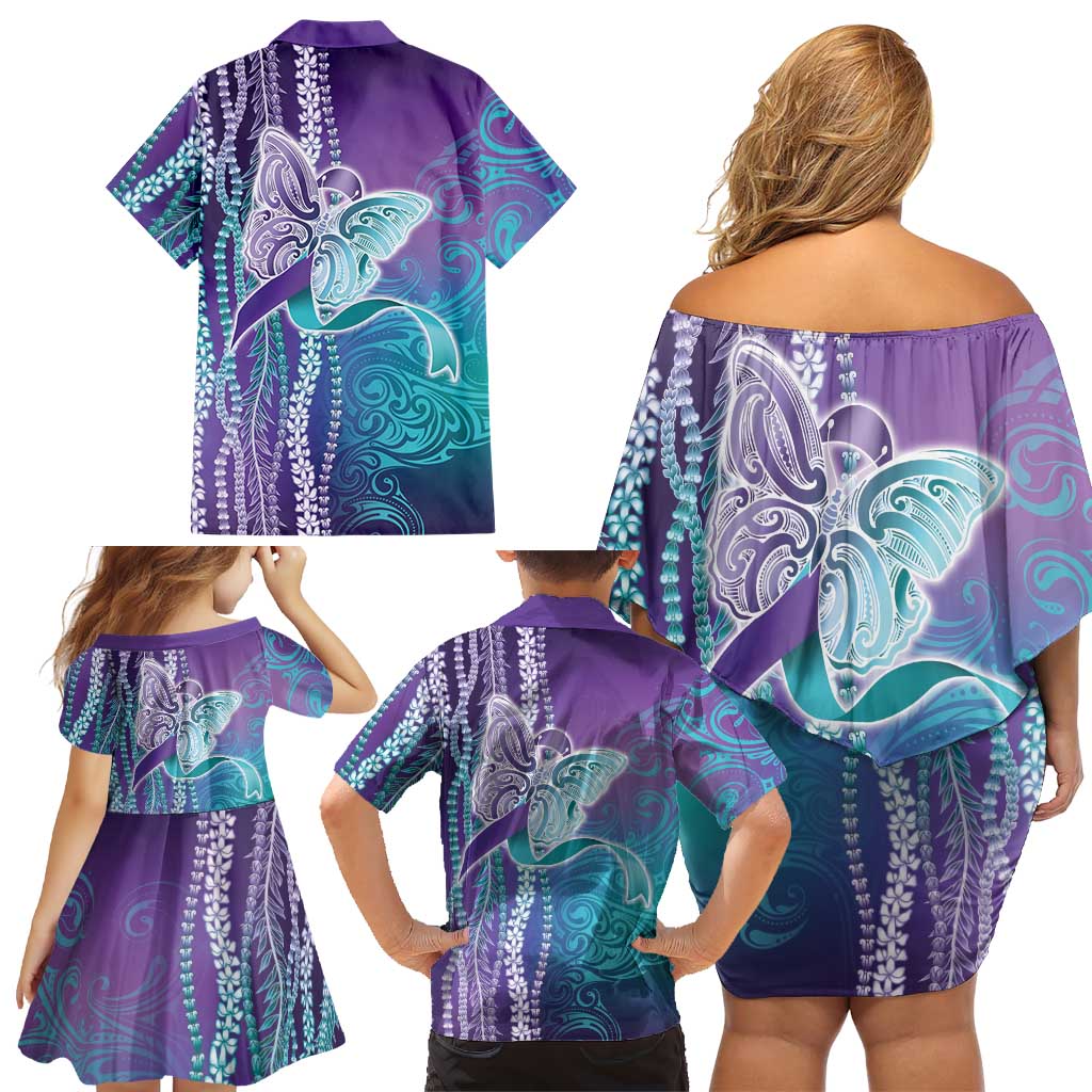 Suicide Prevention Awareness Family Matching Off Shoulder Short Dress and Hawaiian Shirt Maile Pikake Lokelani Crown Flower Lei Inspired LT9 - Polynesian Pride