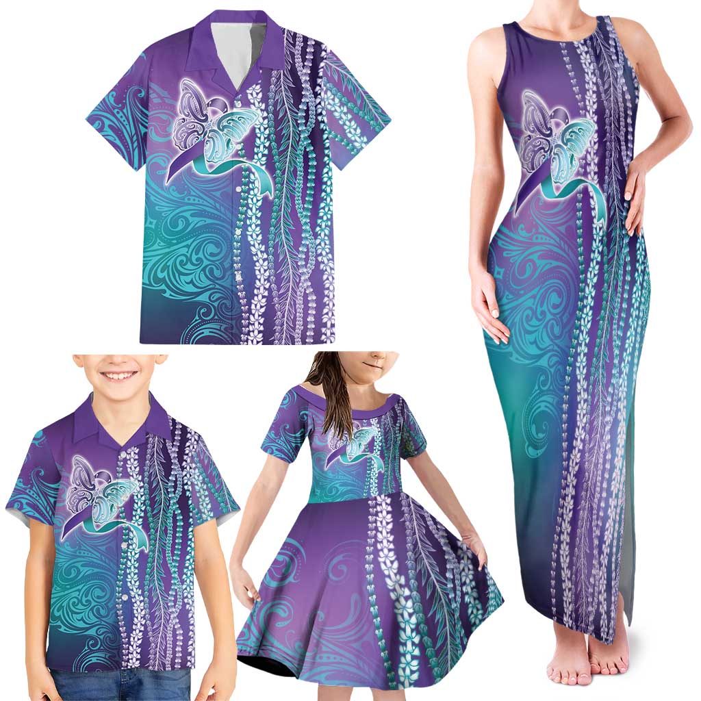 Suicide Prevention Awareness Family Matching Tank Maxi Dress and Hawaiian Shirt Maile Pikake Lokelani Crown Flower Lei Inspired