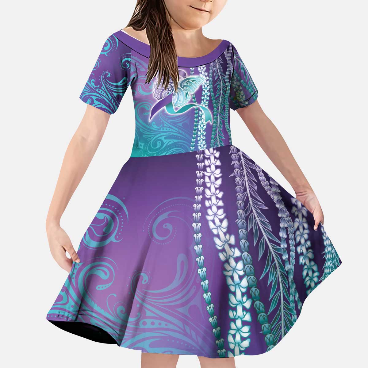Suicide Prevention Awareness Kid Short Sleeve Dress Maile Pikake Lokelani Crown Flower Lei Inspired LT9 KID Multicolor - Polynesian Pride