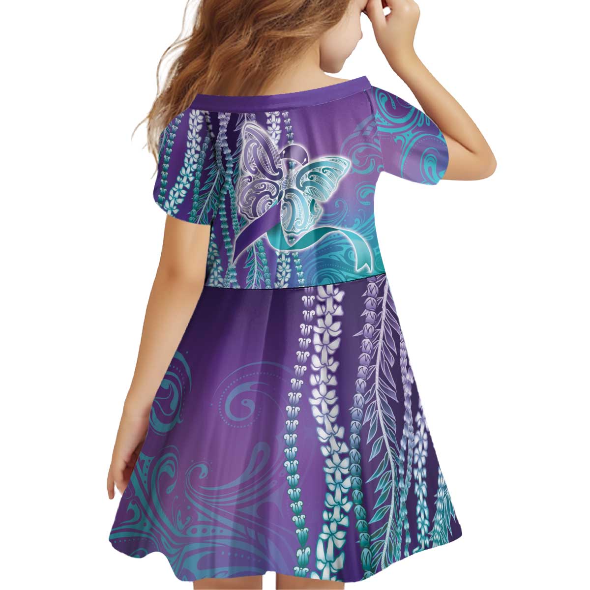 Suicide Prevention Awareness Kid Short Sleeve Dress Maile Pikake Lokelani Crown Flower Lei Inspired LT9 - Polynesian Pride