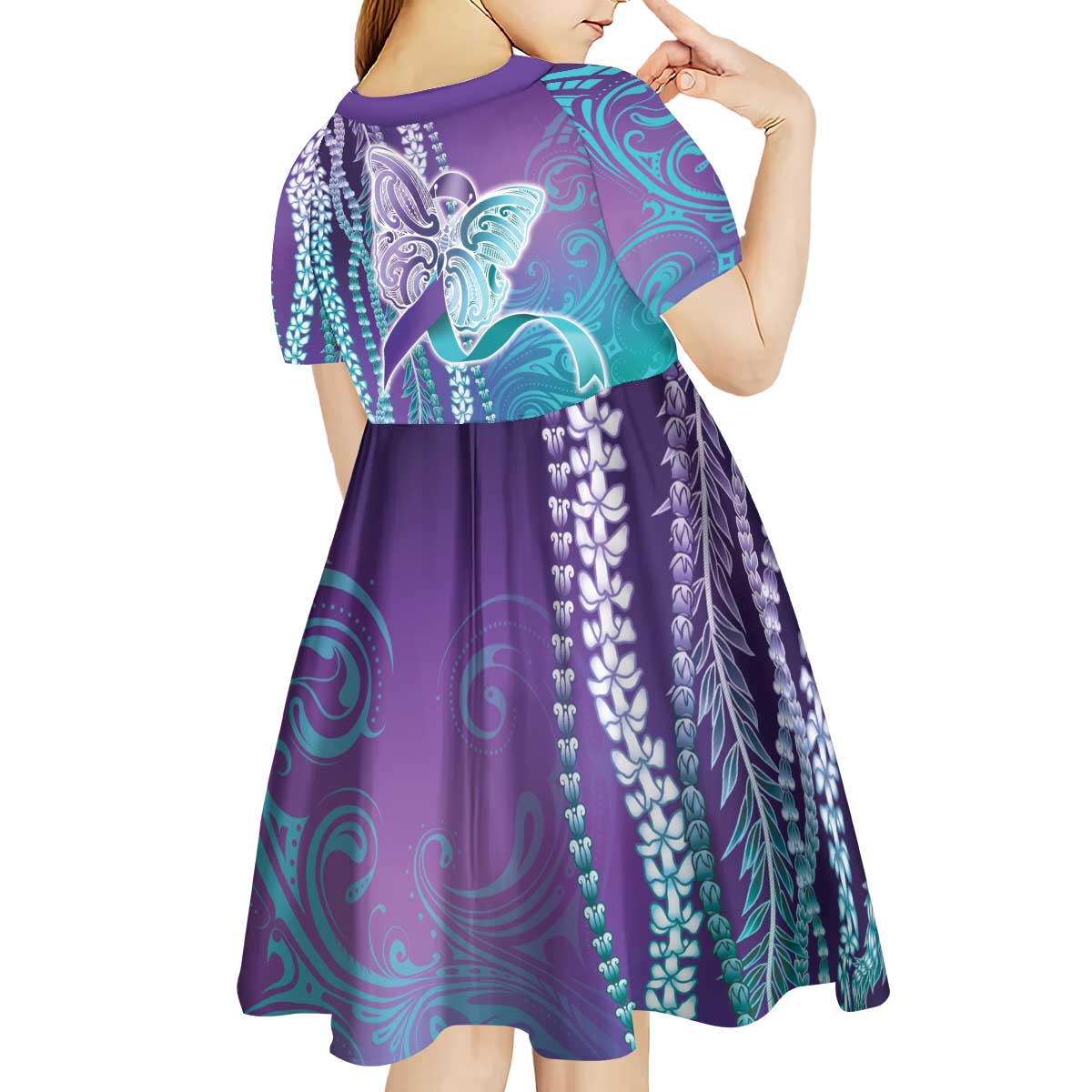 Suicide Prevention Awareness Kid Short Sleeve Dress Maile Pikake Lokelani Crown Flower Lei Inspired LT9 - Polynesian Pride