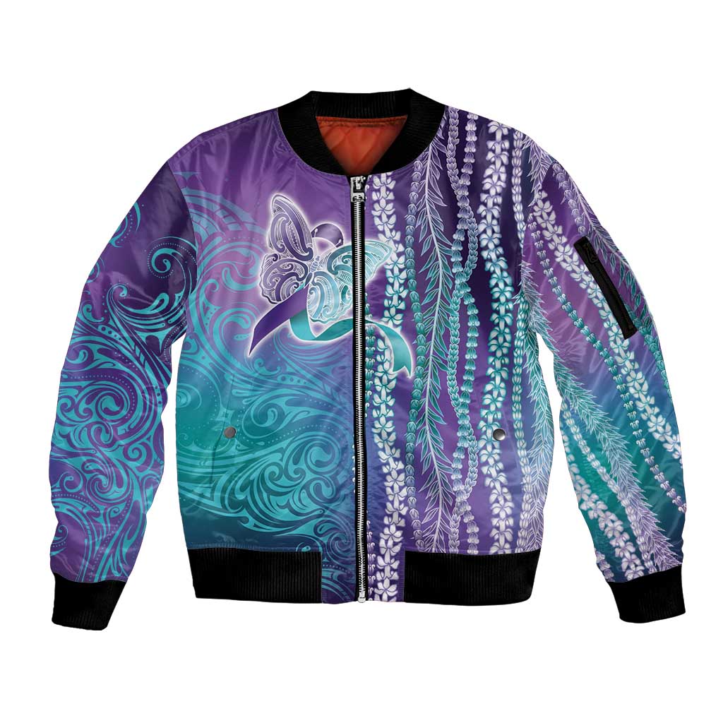 Suicide Prevention Awareness Sleeve Zip Bomber Jacket Maile Pikake Lokelani Crown Flower Lei Inspired
