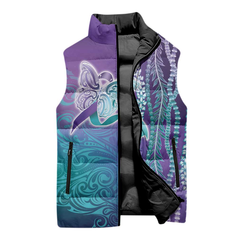 Suicide Prevention Awareness Sleeveless Puffer Jacket Maile Pikake Lokelani Crown Flower Lei Inspired