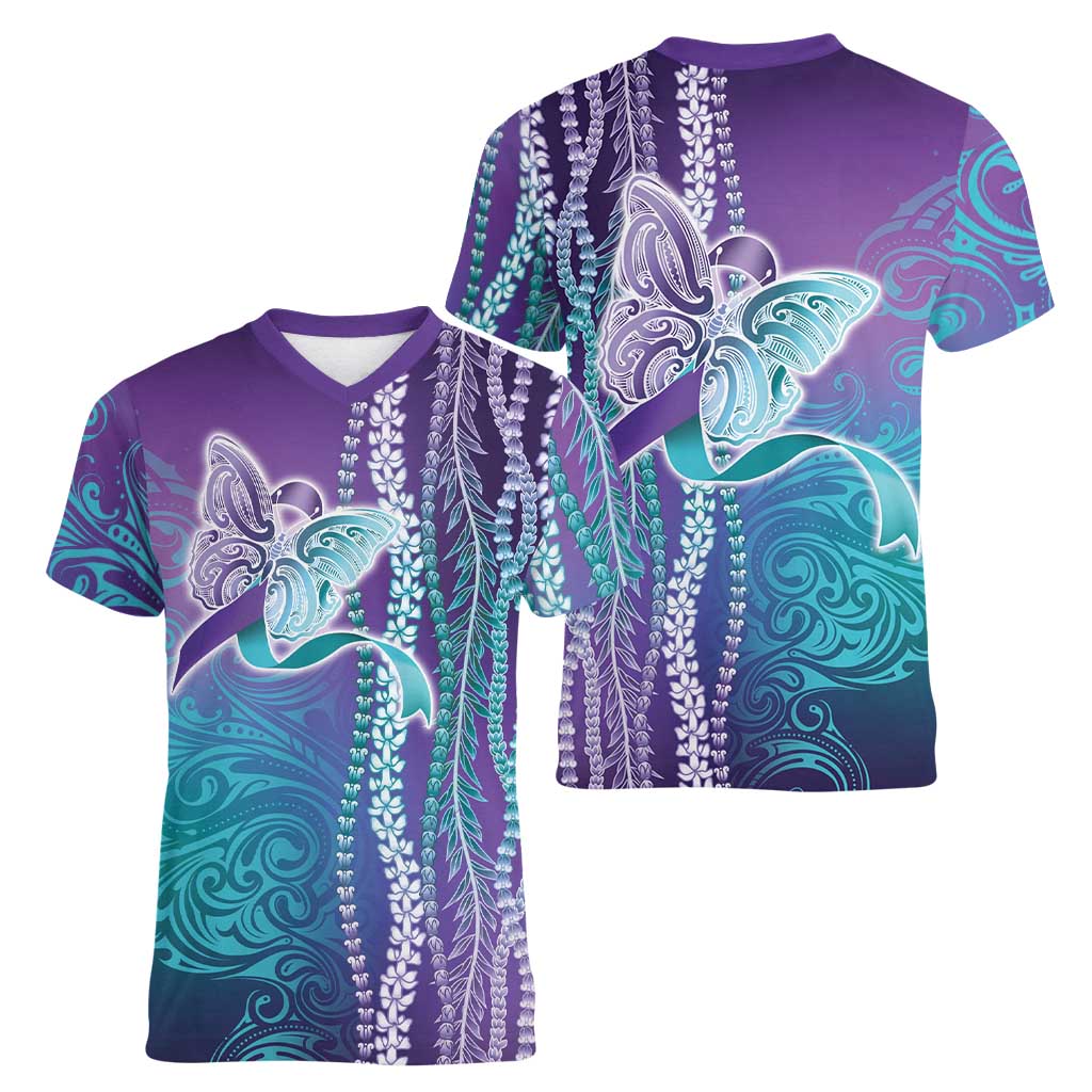 Suicide Prevention Awareness Women V-Neck T-Shirt Maile Pikake Lokelani Crown Flower Lei Inspired