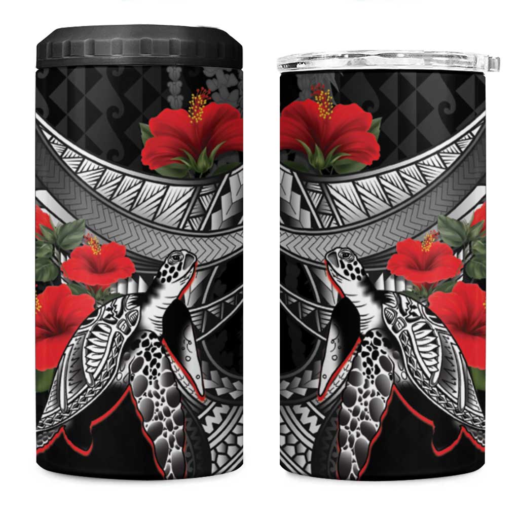 Hawaiian Honu Personalized 4 in 1 Can Cooler Tumbler Black Tribal Hook Pattern