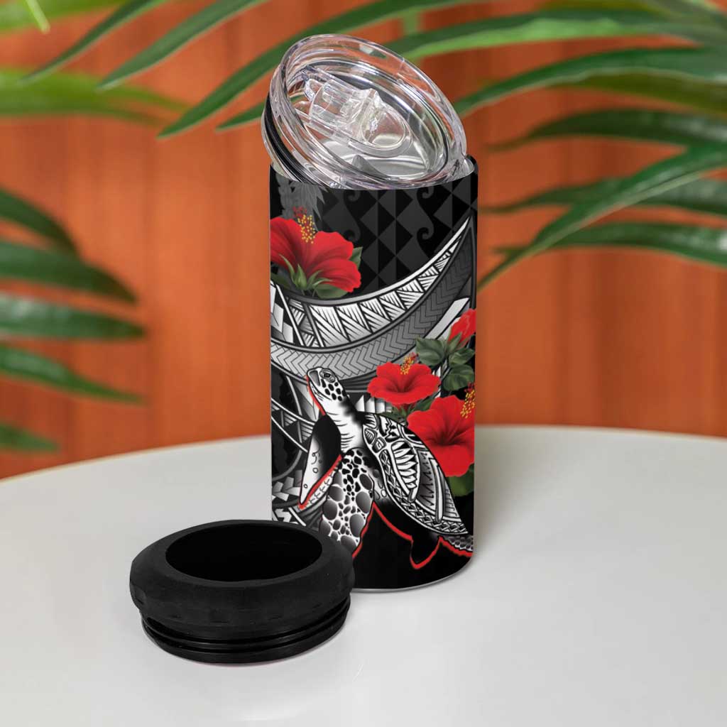 Hawaiian Honu Personalized 4 in 1 Can Cooler Tumbler Black Tribal Hook Pattern