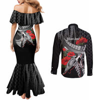 Hawaiian Honu Personalized Couples Matching Mermaid Dress and Long Sleeve Button Shirt Black Tribal Hook Pattern