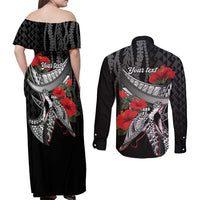 Hawaiian Honu Personalized Couples Matching Off Shoulder Maxi Dress and Long Sleeve Button Shirt Black Tribal Hook Pattern