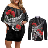 Hawaiian Honu Personalized Couples Matching Off Shoulder Short Dress and Long Sleeve Button Shirt Black Tribal Hook Pattern