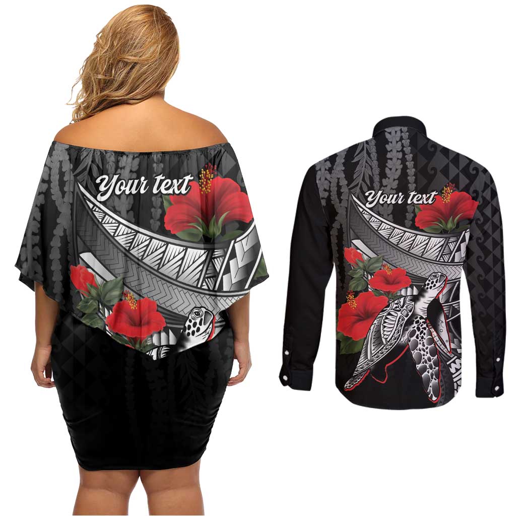 Hawaiian Honu Personalized Couples Matching Off Shoulder Short Dress and Long Sleeve Button Shirt Black Tribal Hook Pattern