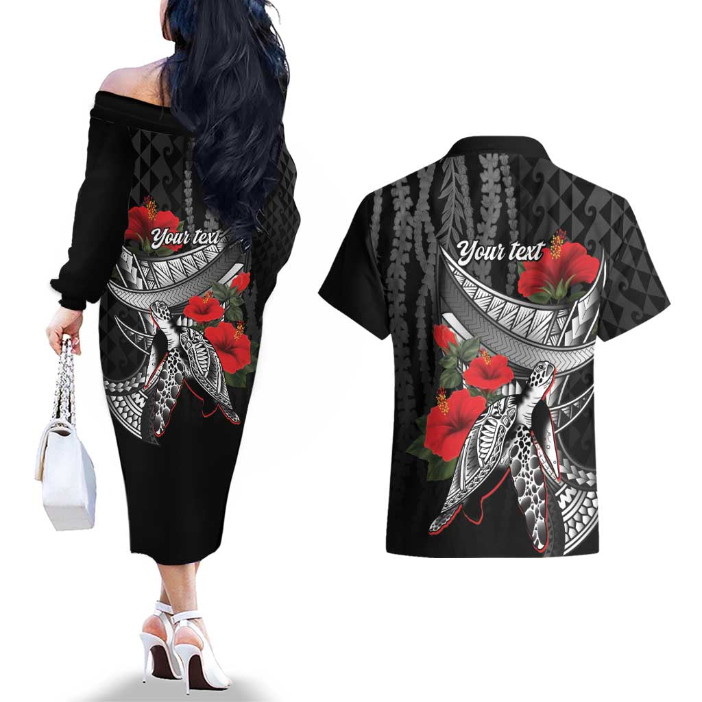 Hawaiian Honu Personalized Couples Matching Off The Shoulder Long Sleeve Dress and Hawaiian Shirt Black Tribal Hook Pattern