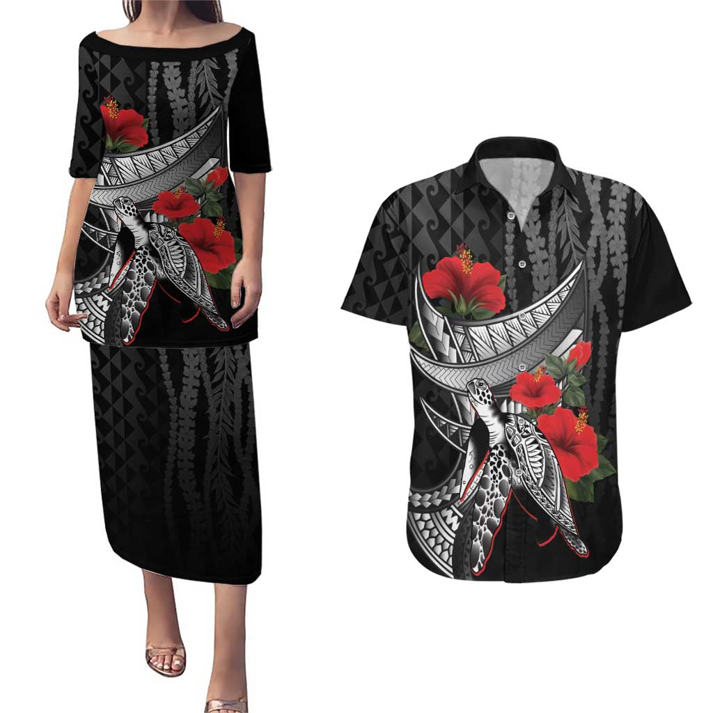 Hawaiian Honu Personalized Couples Matching Puletasi and Hawaiian Shirt Black Tribal Hook Pattern