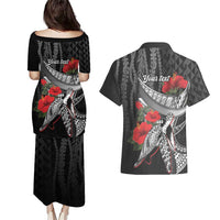 Hawaiian Honu Personalized Couples Matching Puletasi and Hawaiian Shirt Black Tribal Hook Pattern