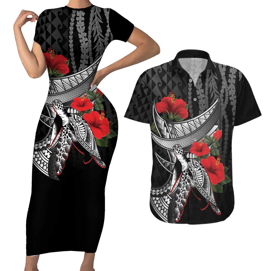 Hawaiian Honu Personalized Couples Matching Short Sleeve Bodycon Dress and Hawaiian Shirt Black Tribal Hook Pattern