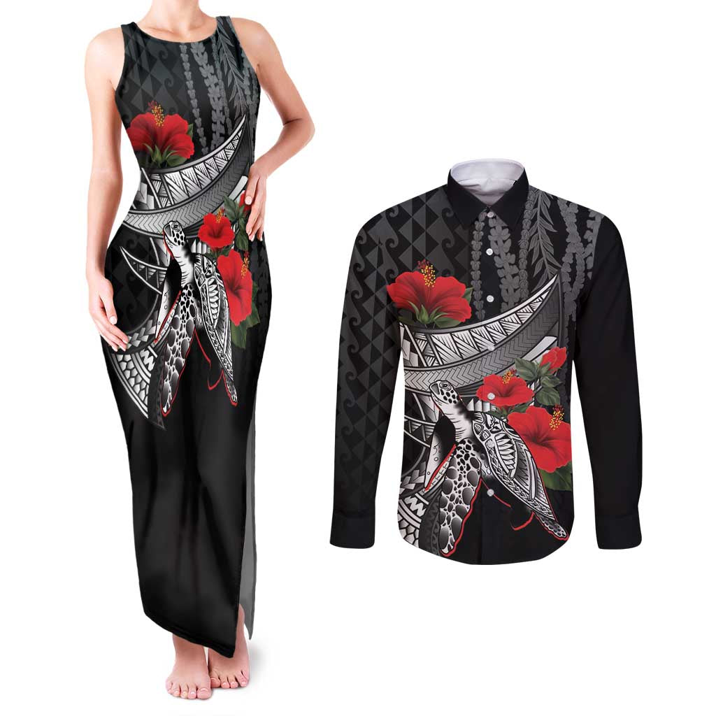 Hawaiian Honu Personalized Couples Matching Tank Maxi Dress and Long Sleeve Button Shirt Black Tribal Hook Pattern
