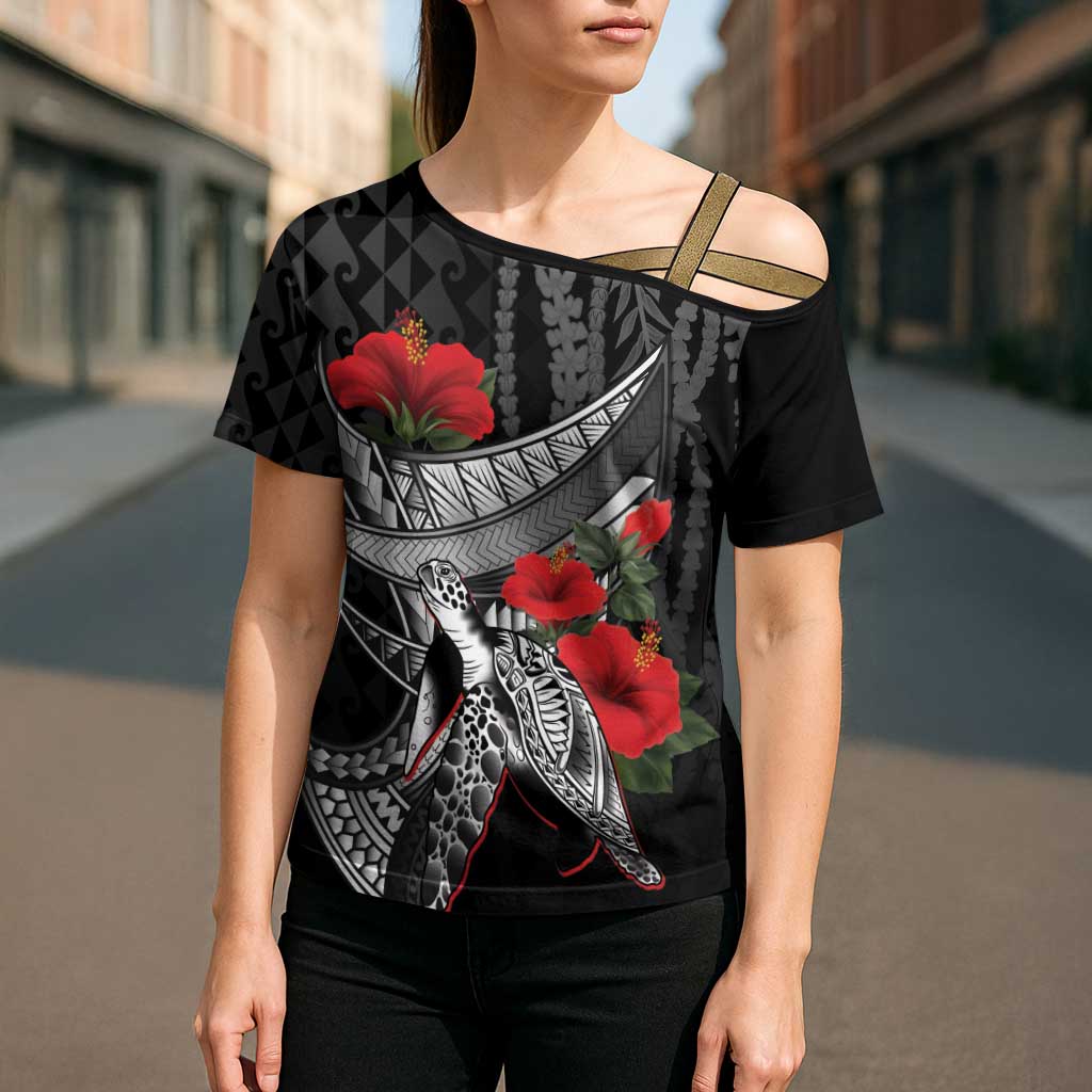 Hawaiian Honu Personalized Cross Shoulder Shirt Black Tribal Hook Pattern