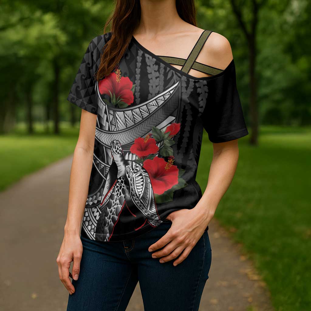 Hawaiian Honu Personalized Cross Shoulder Shirt Black Tribal Hook Pattern