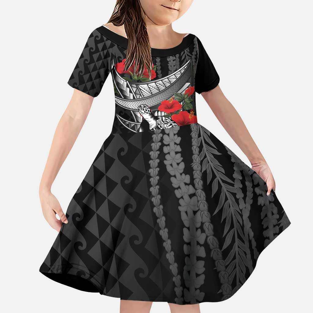 Hawaiian Honu Personalized Family Matching Long Sleeve Bodycon Dress and Hawaiian Shirt Black Tribal Hook Pattern
