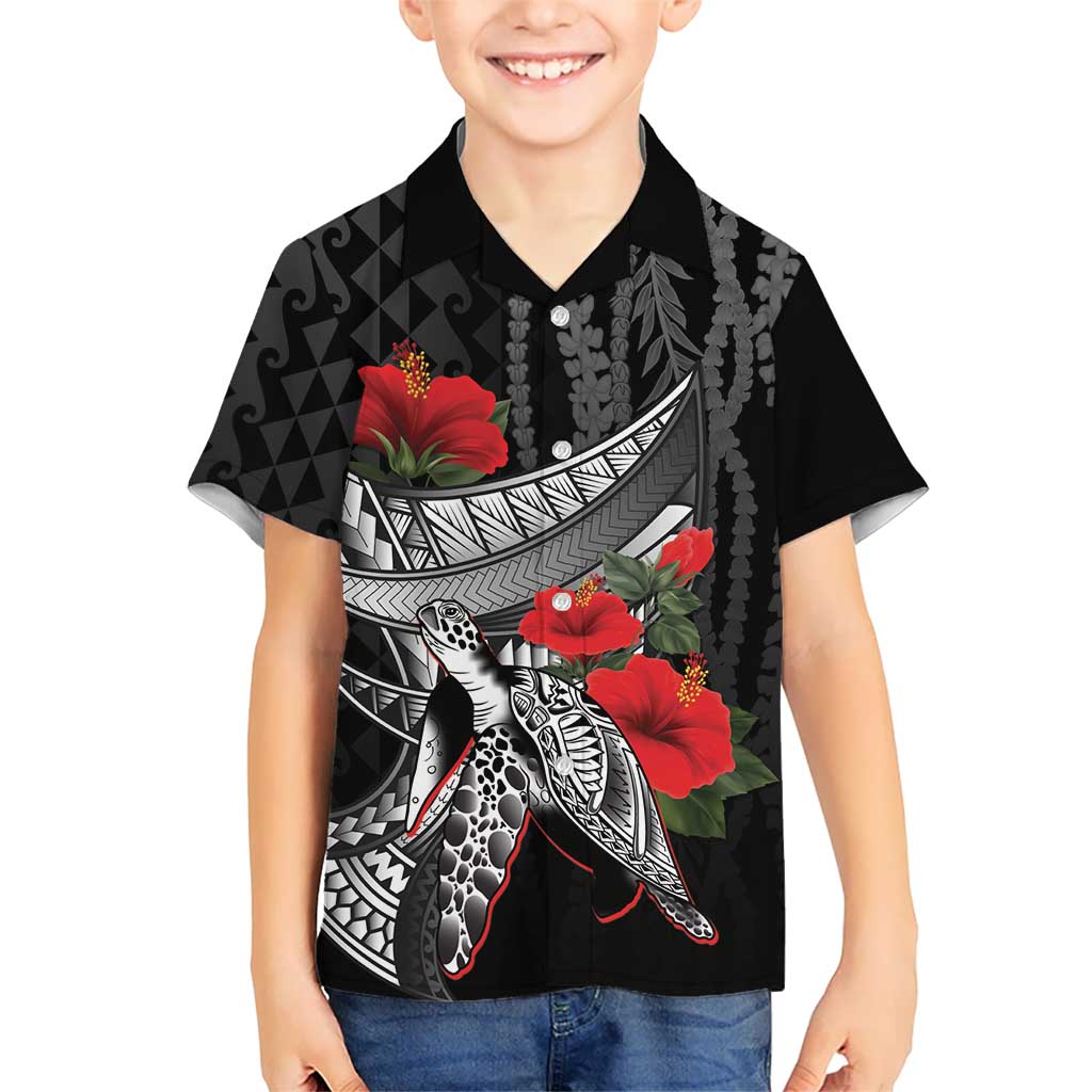 Hawaiian Honu Personalized Family Matching Long Sleeve Bodycon Dress and Hawaiian Shirt Black Tribal Hook Pattern