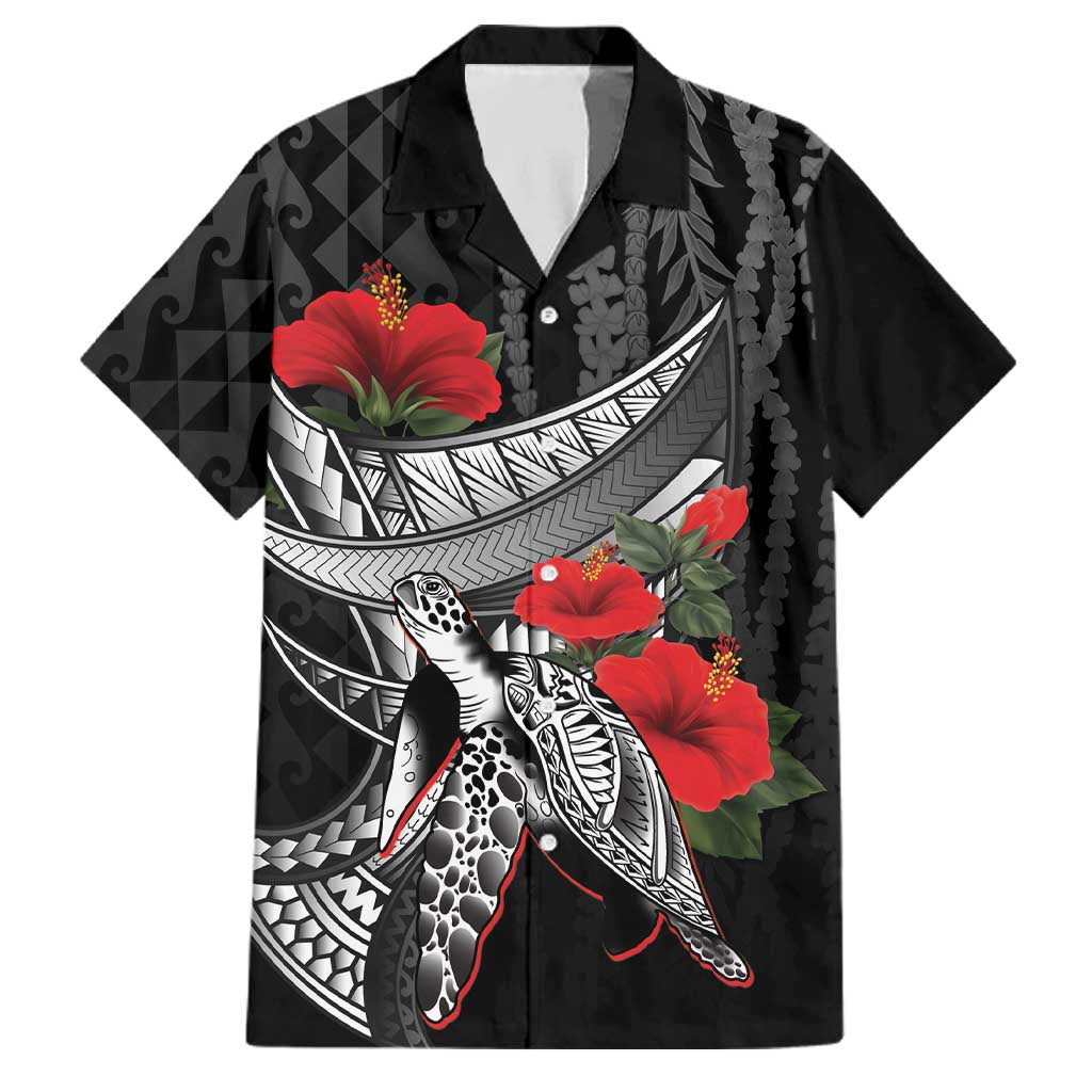 Hawaiian Honu Personalized Family Matching Off The Shoulder Long Sleeve Dress and Hawaiian Shirt Black Tribal Hook Pattern