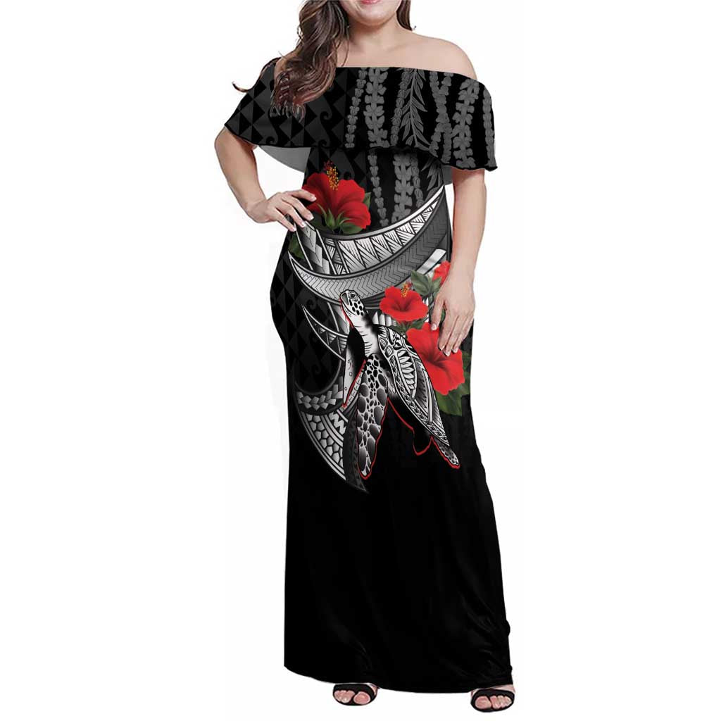Hawaiian Honu Personalized Family Matching Off Shoulder Maxi Dress and Hawaiian Shirt Black Tribal Hook Pattern