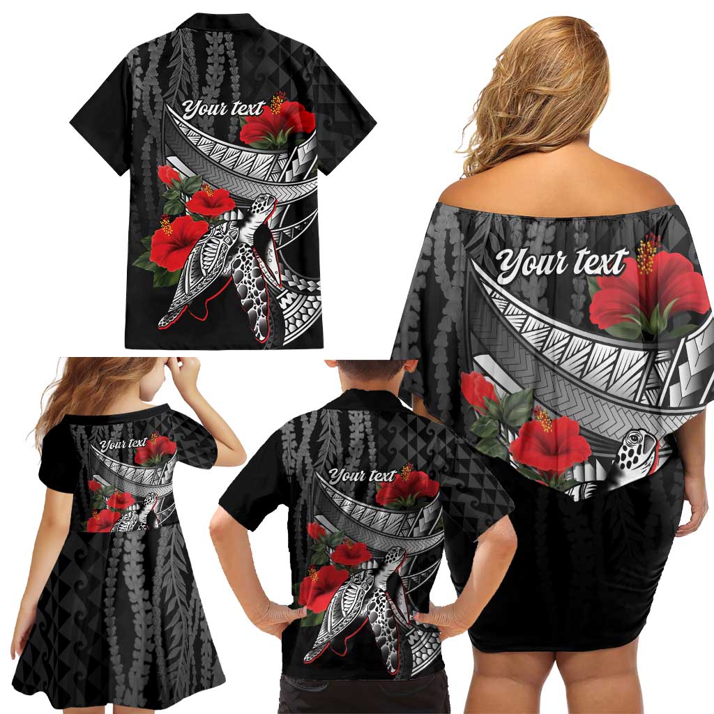 Hawaiian Honu Personalized Family Matching Off Shoulder Short Dress and Hawaiian Shirt Black Tribal Hook Pattern