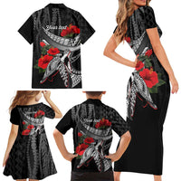 Hawaiian Honu Personalized Family Matching Short Sleeve Bodycon Dress and Hawaiian Shirt Black Tribal Hook Pattern