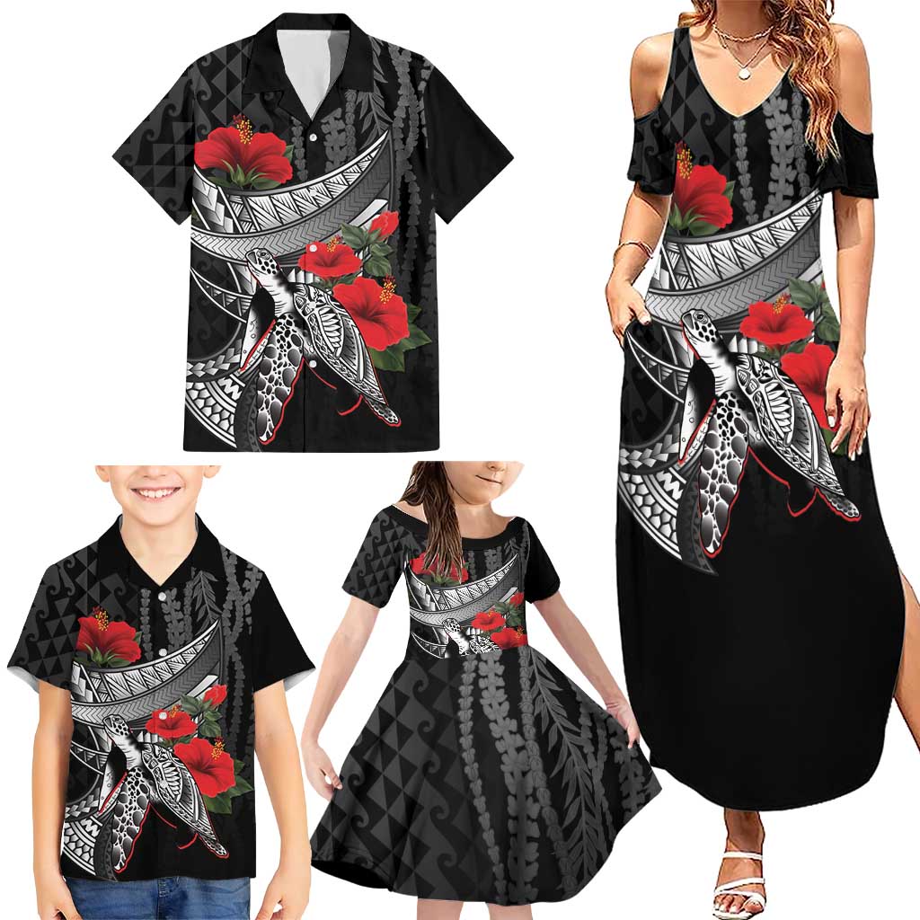 Hawaiian Honu Personalized Family Matching Summer Maxi Dress and Hawaiian Shirt Black Tribal Hook Pattern
