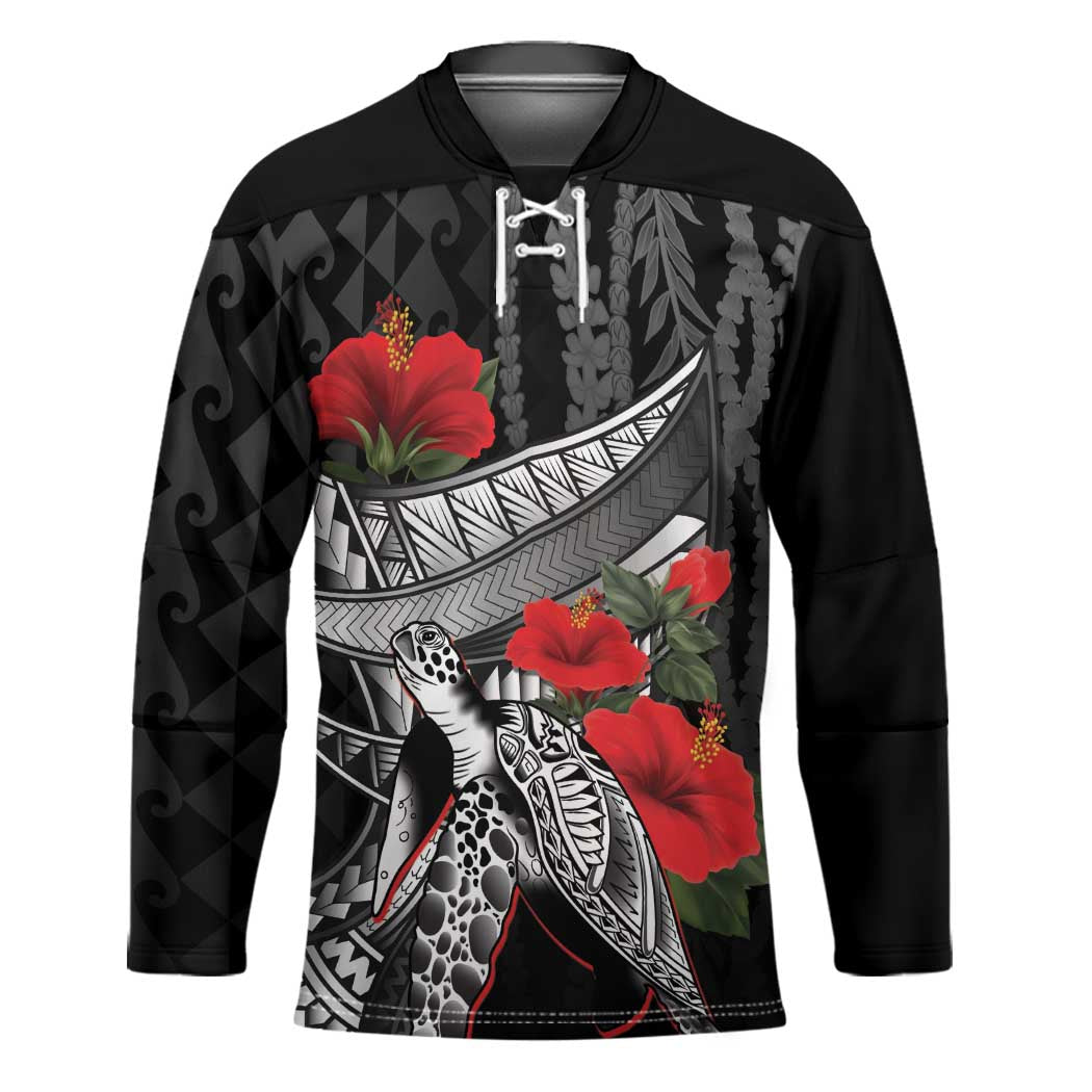 Hawaiian Honu Personalized Hockey Jersey Black Tribal Hook Pattern
