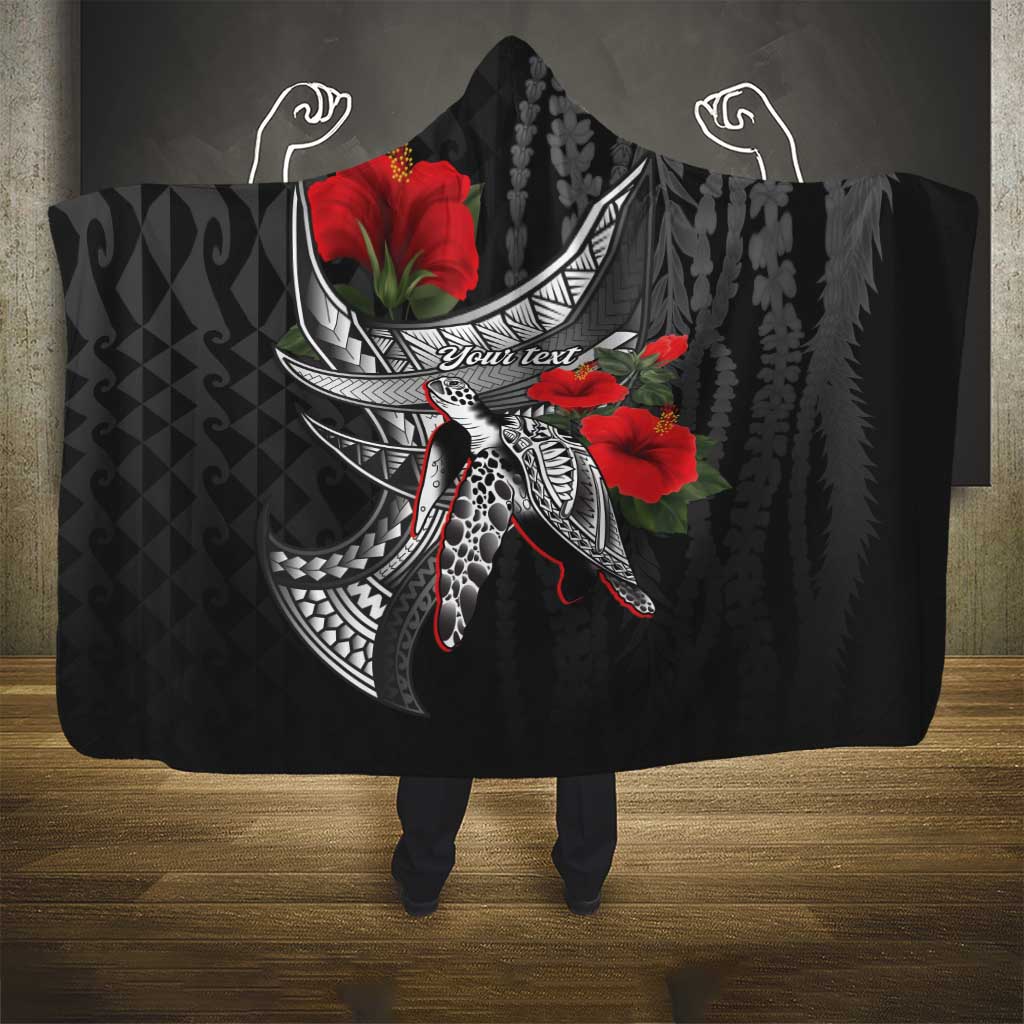 Hawaiian Honu Personalized Hooded Blanket Black Tribal Hook Pattern