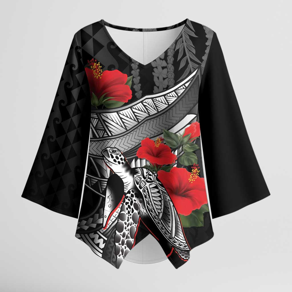 Hawaiian Honu Personalized Kimono Sleeve Blouse Black Tribal Hook Pattern
