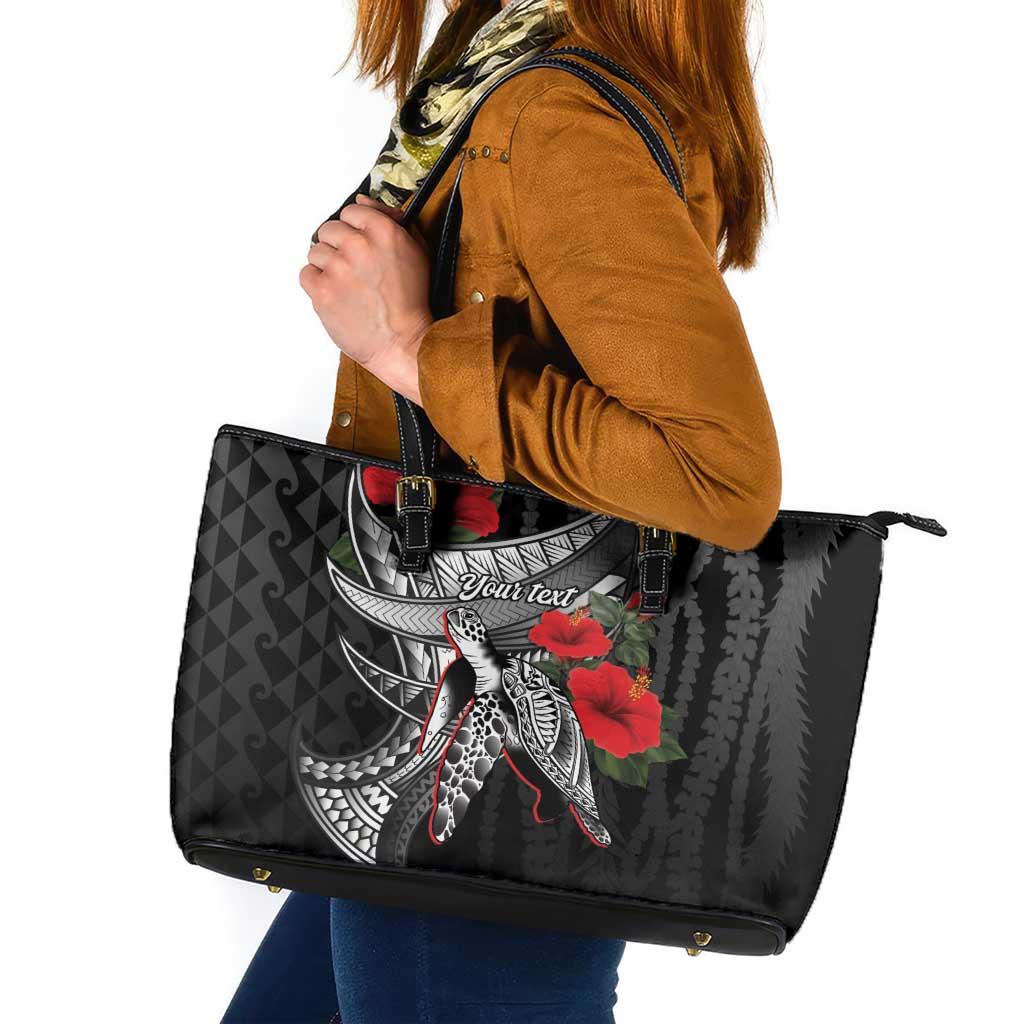Hawaiian Honu Personalized Leather Tote Bag Black Tribal Hook Pattern