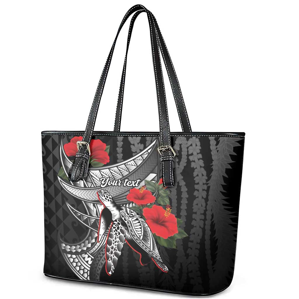 Hawaiian Honu Personalized Leather Tote Bag Black Tribal Hook Pattern