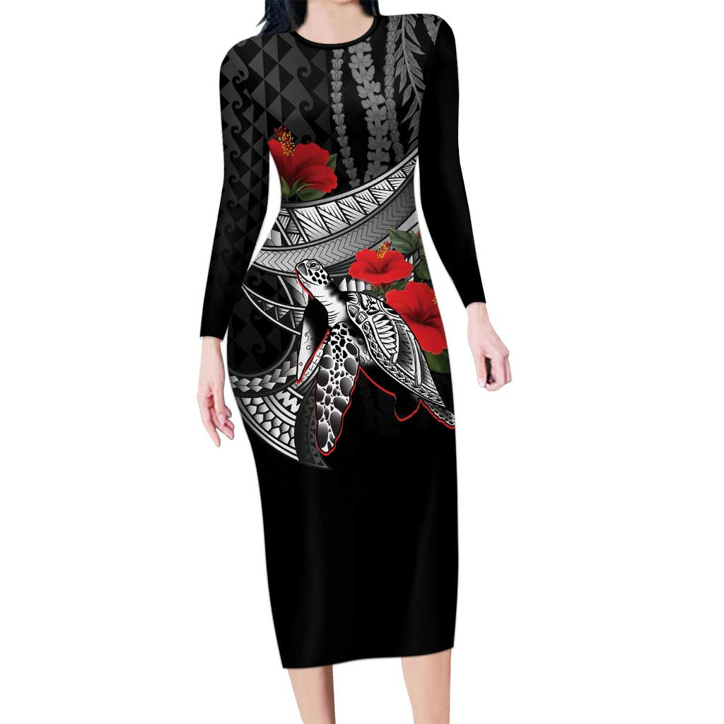 Hawaiian Honu Personalized Long Sleeve Bodycon Dress Black Tribal Hook Pattern
