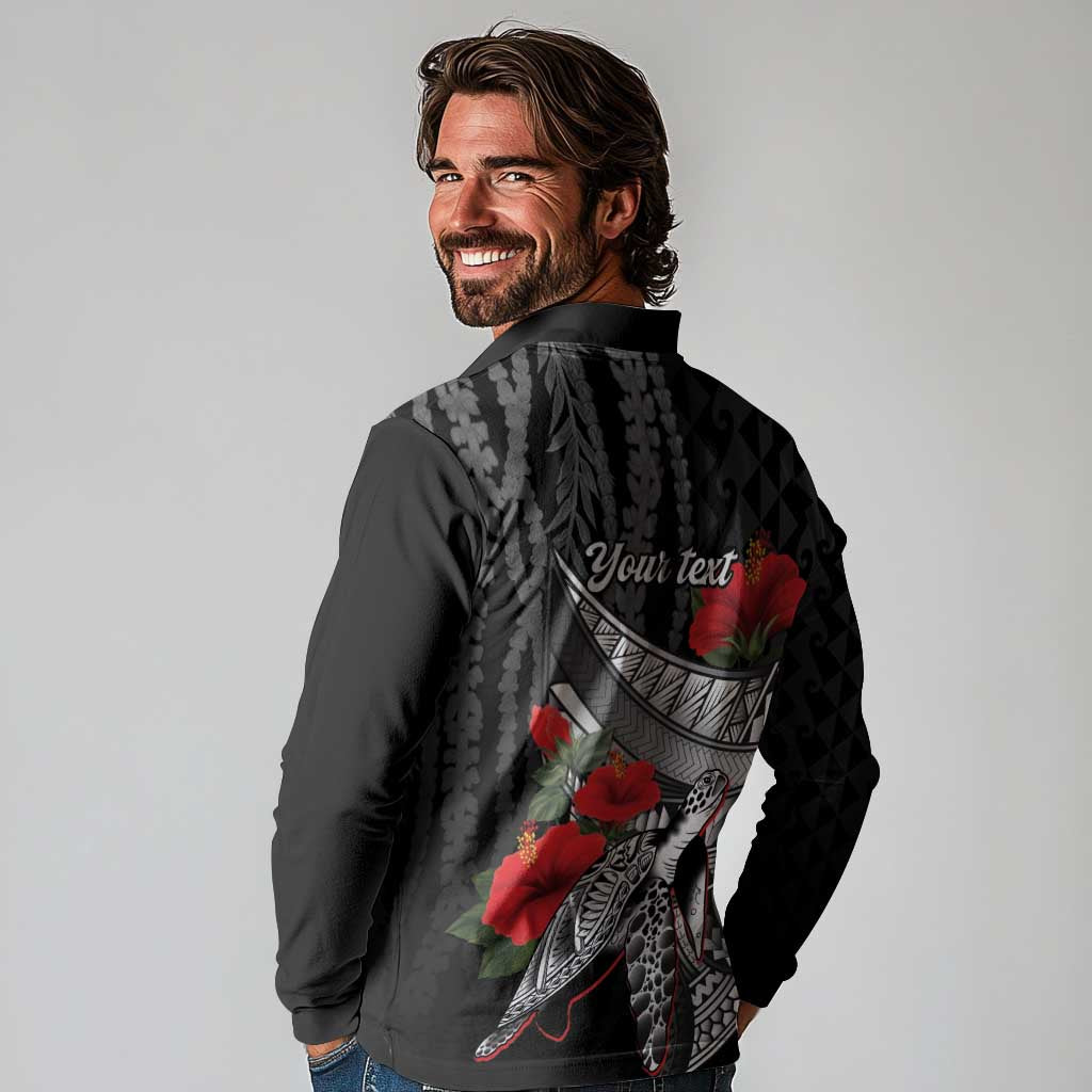 Hawaiian Honu Personalized Long Sleeve Polo Shirt Black Tribal Hook Pattern