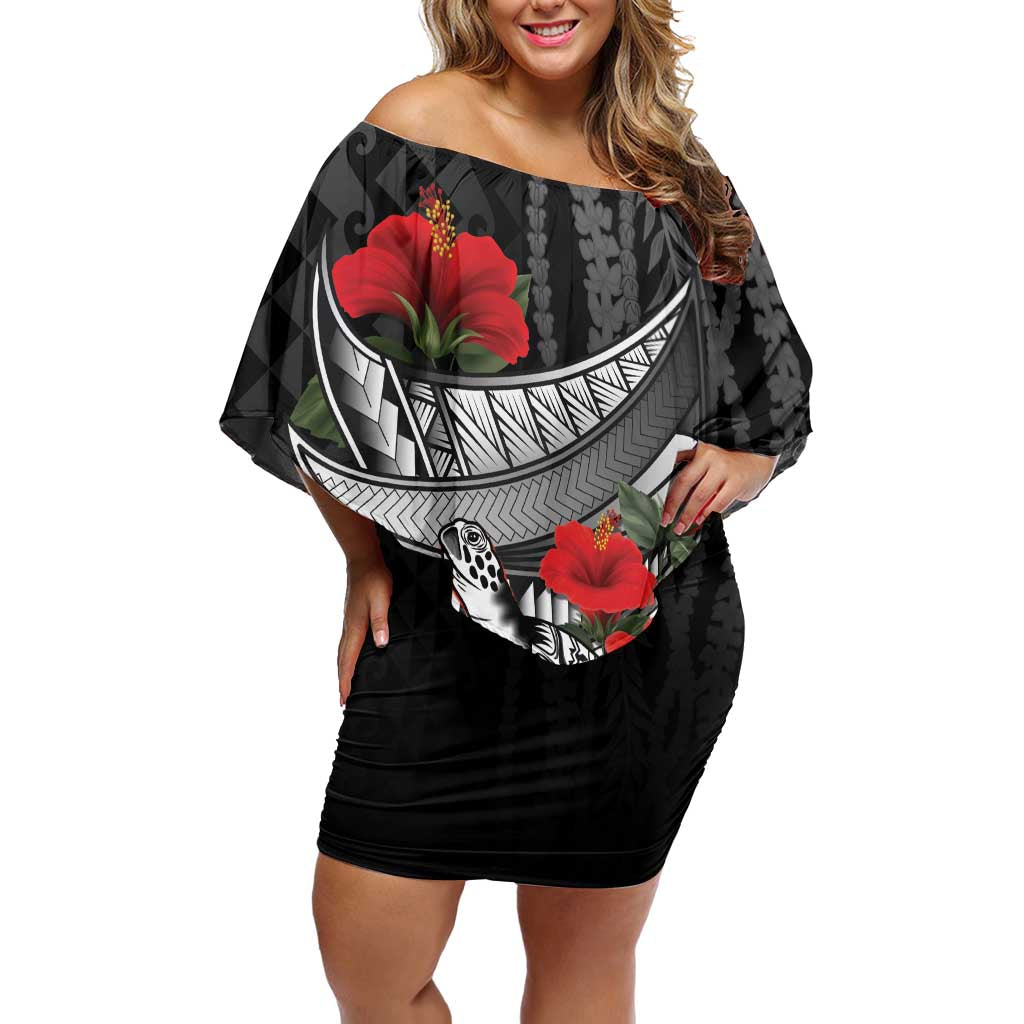 Hawaiian Honu Personalized Off Shoulder Short Dress Black Tribal Hook Pattern
