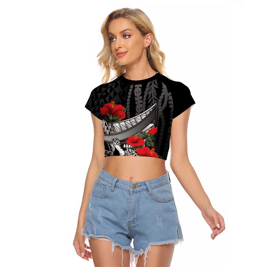 Hawaiian Honu Personalized Raglan Cropped T Shirt Black Tribal Hook Pattern