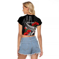 Hawaiian Honu Personalized Raglan Cropped T Shirt Black Tribal Hook Pattern