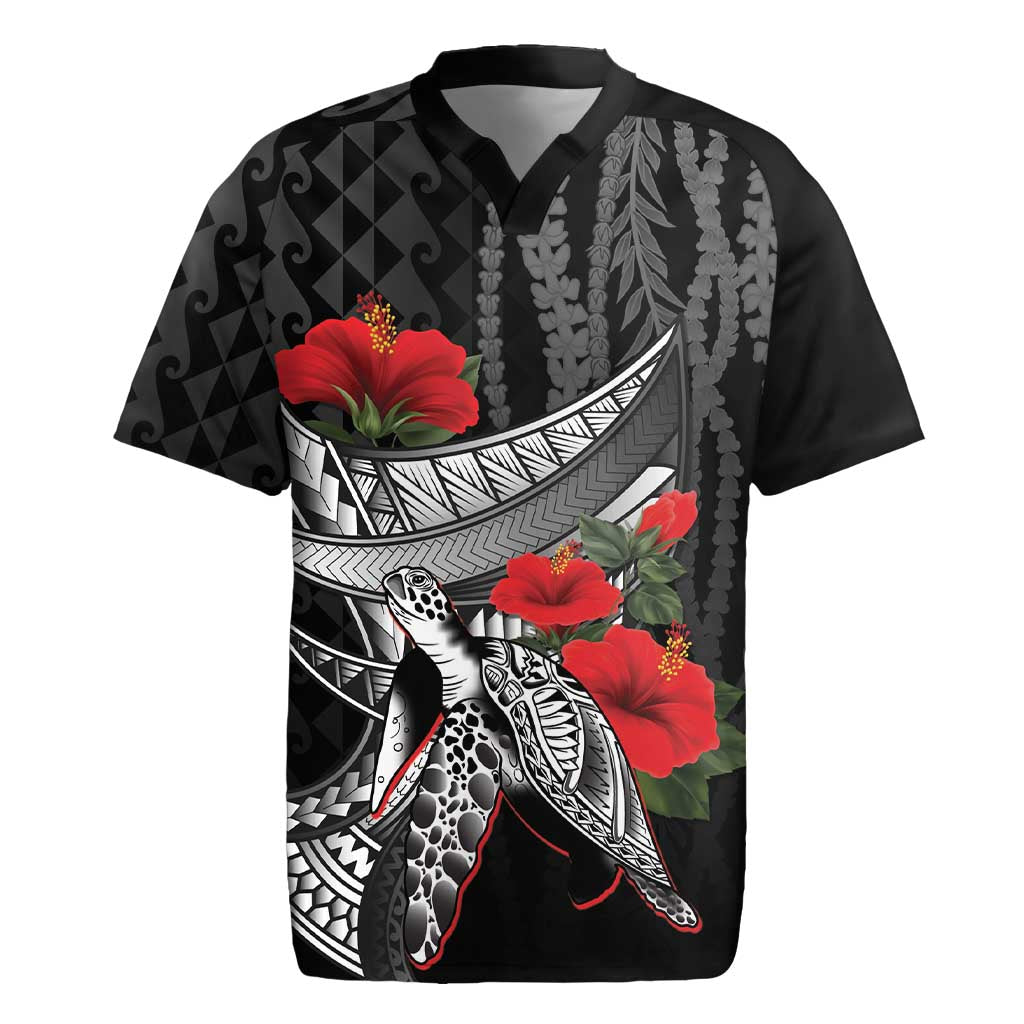 Hawaiian Honu Personalized Rugby Jersey Black Tribal Hook Pattern