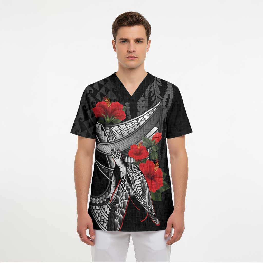 Hawaiian Honu Personalized Scrub Top Black Tribal Hook Pattern