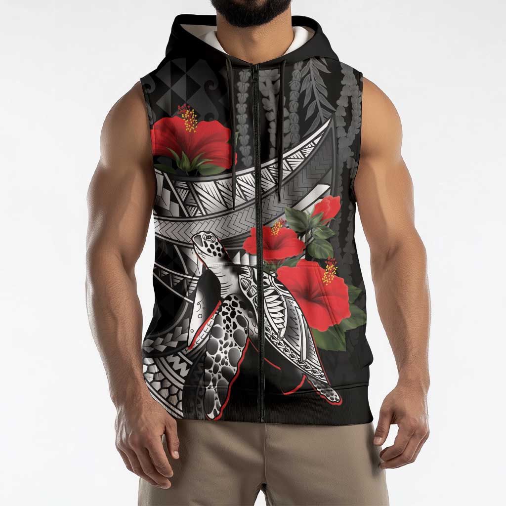 Hawaiian Honu Personalized Sleeveless Zip Hoodie Black Tribal Hook Pattern
