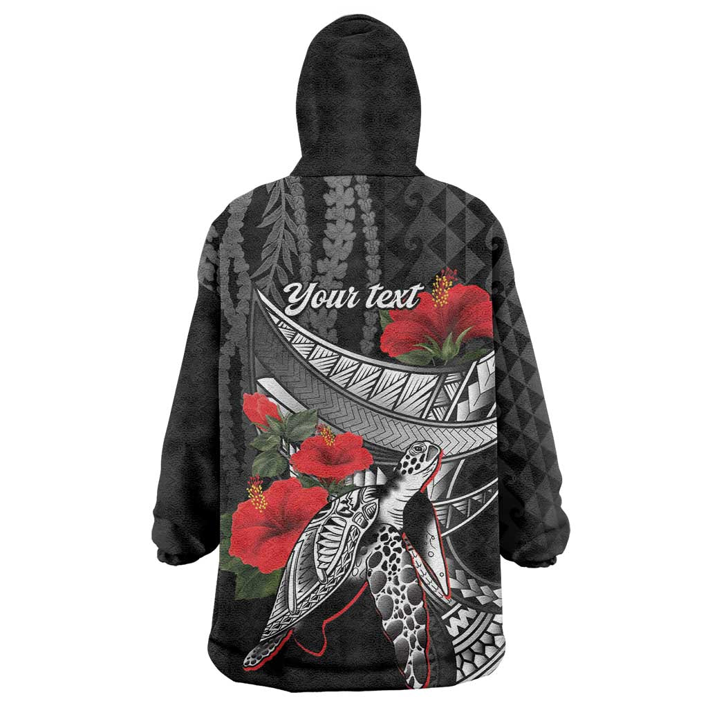 Hawaiian Honu Personalized Wearable Blanket Hoodie Black Tribal Hook Pattern