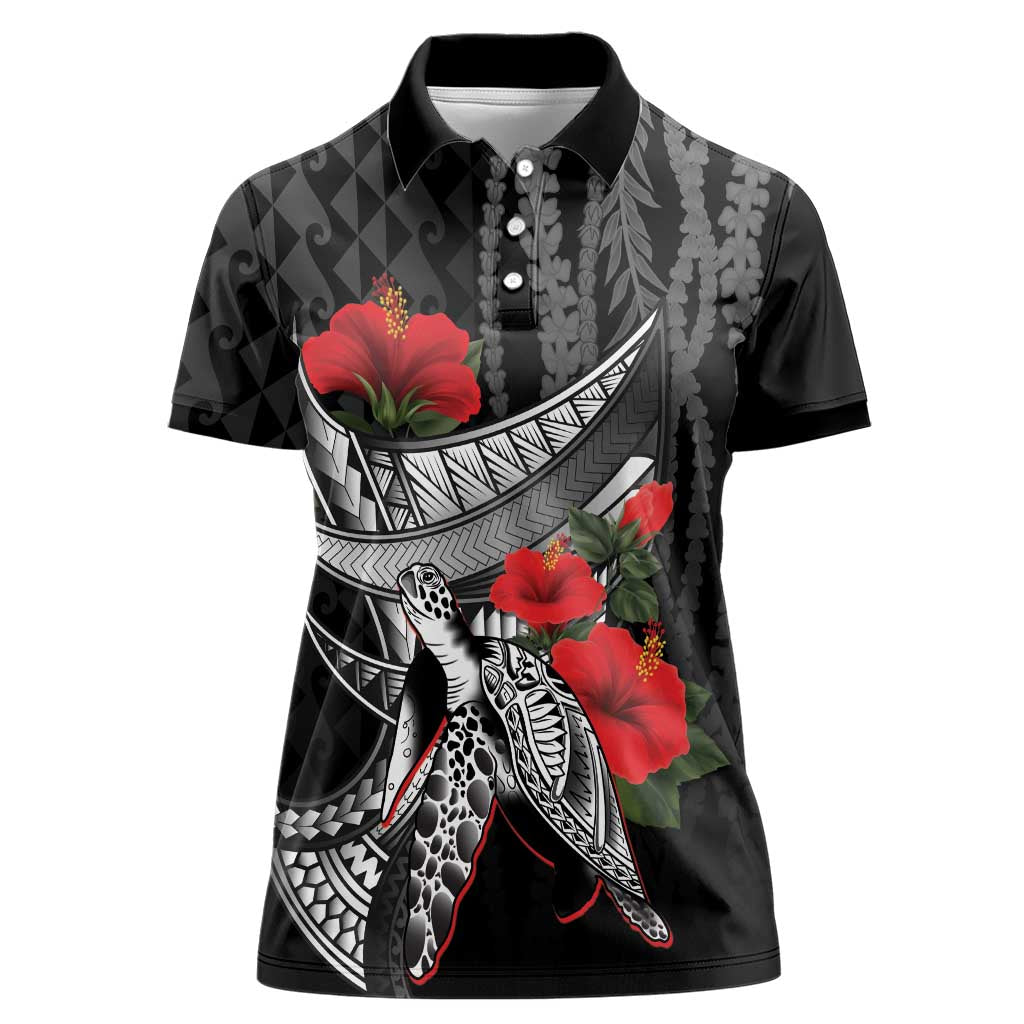 Hawaiian Honu Personalized Women Polo Shirt Black Tribal Hook Pattern