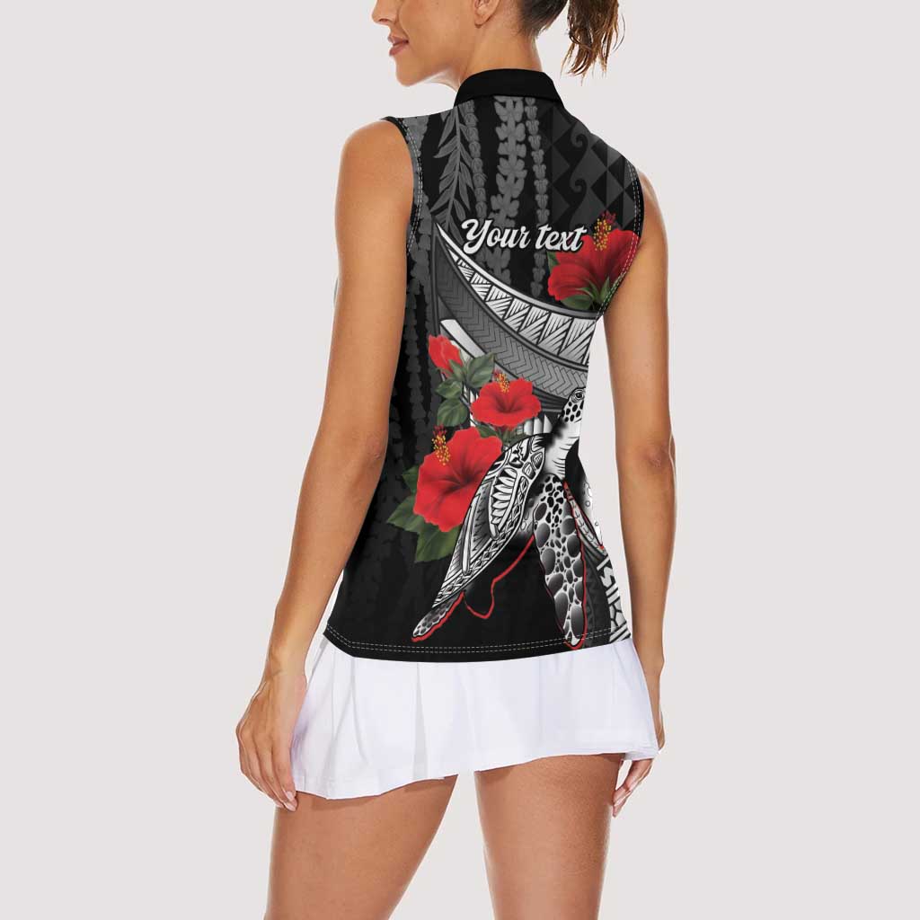 Hawaiian Honu Personalized Women Sleeveless Polo Shirt Black Tribal Hook Pattern