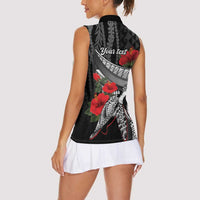 Hawaiian Honu Personalized Women Sleeveless Polo Shirt Black Tribal Hook Pattern