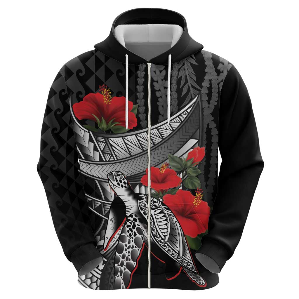 Hawaiian Honu Personalized Zip Hoodie Black Tribal Hook Pattern