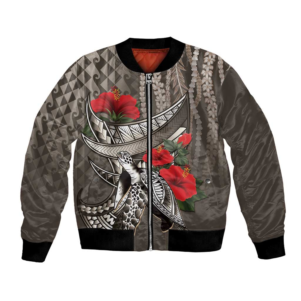 Hawaiian Honu Personalized Bomber Jacket Mocha Mousse Hibiscus Tribal Hook Pattern