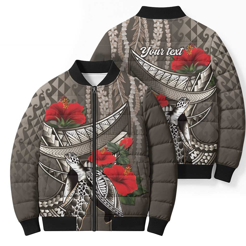 Hawaiian Honu Personalized Bomber Puffer Jacket Mocha Mousse Hibiscus Tribal Hook Pattern