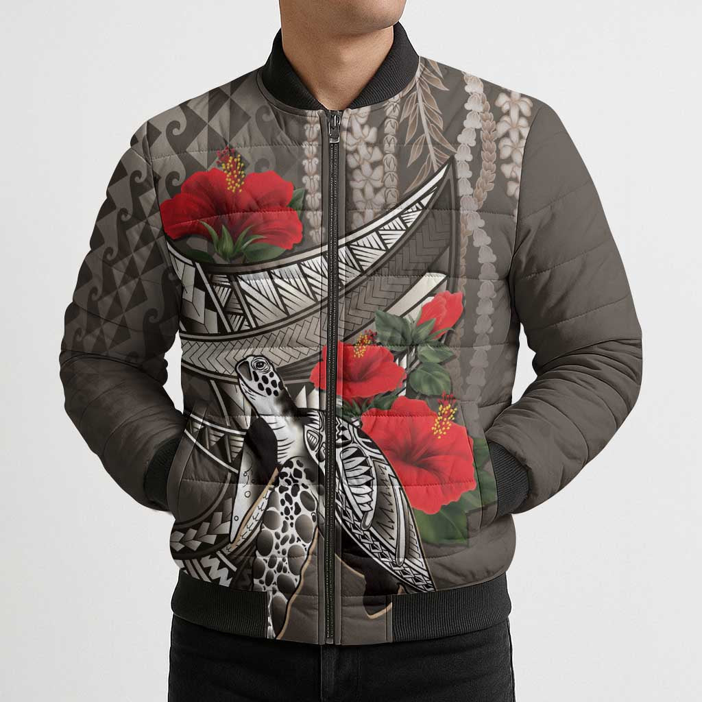 Hawaiian Honu Personalized Bomber Puffer Jacket Mocha Mousse Hibiscus Tribal Hook Pattern